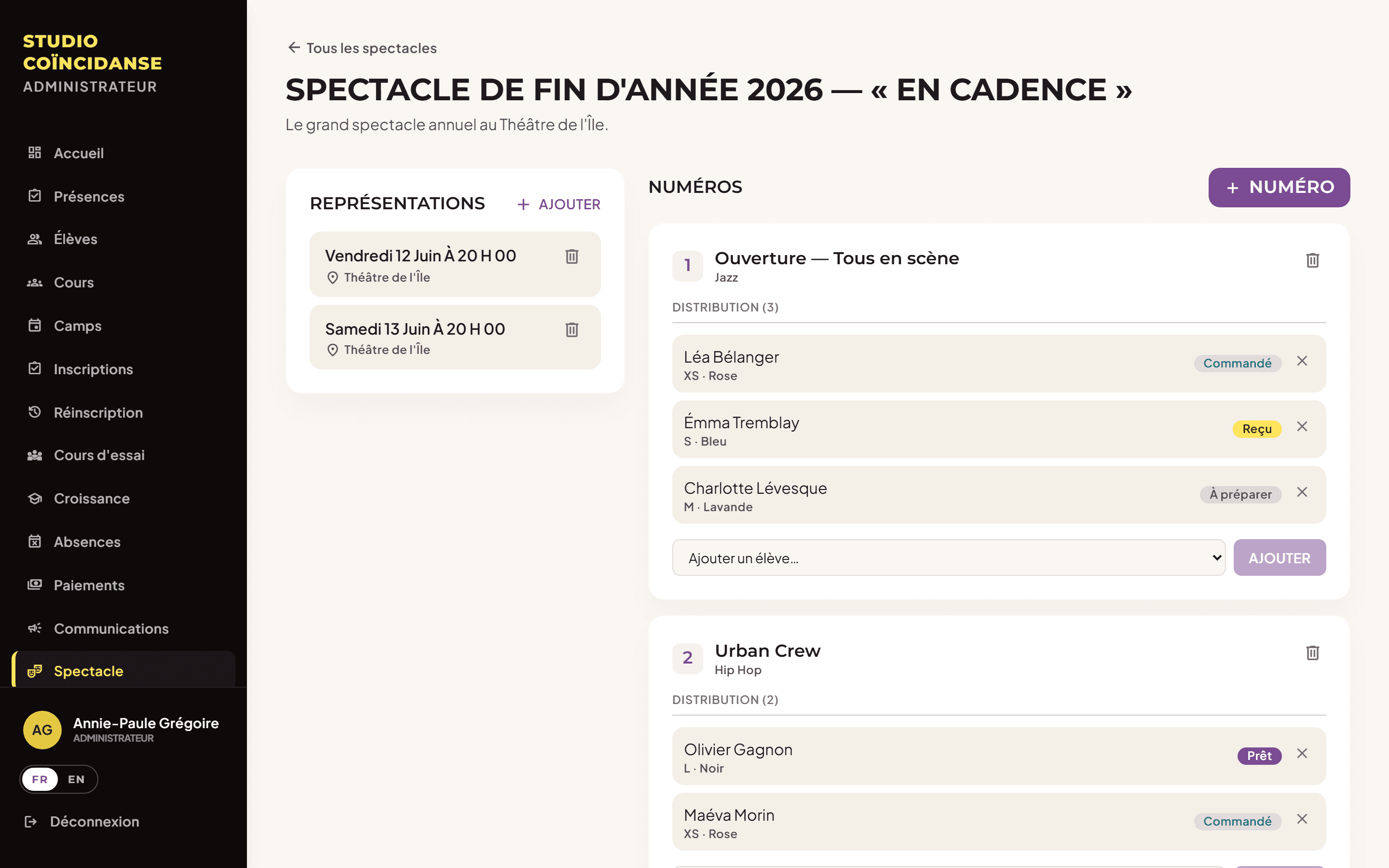 Gestion de spectacle : représentations, numéros et distribution des élèves avec suivi des costumes.