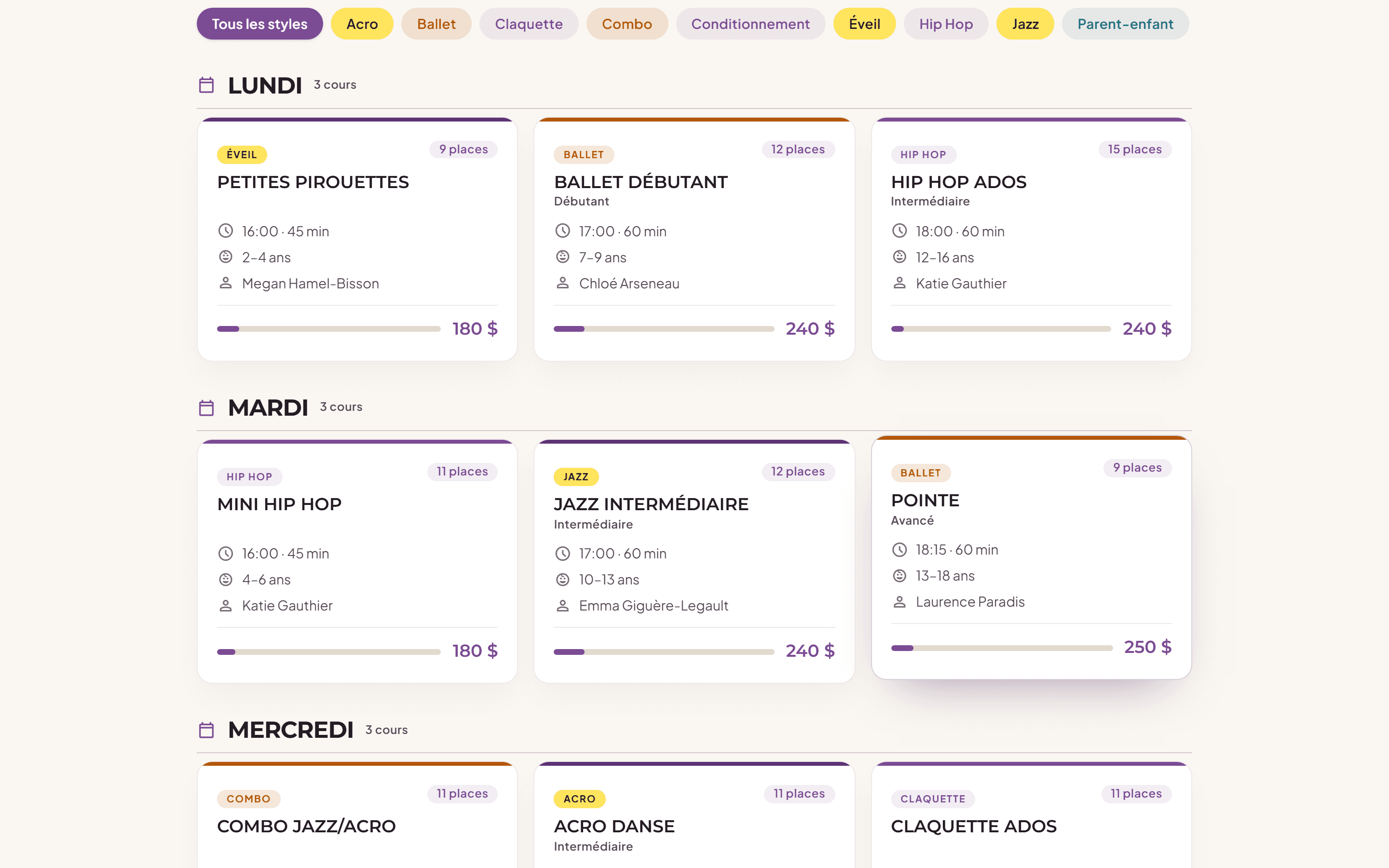 Page publique des cours : horaire par jour, style de danse, places restantes et prix.