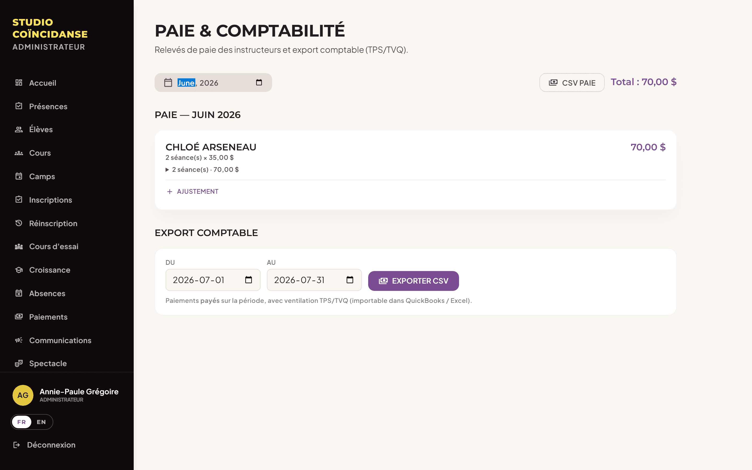 Paie et comptabilité : relevé mensuel par instructeur et export comptable avec ventilation TPS/TVQ.